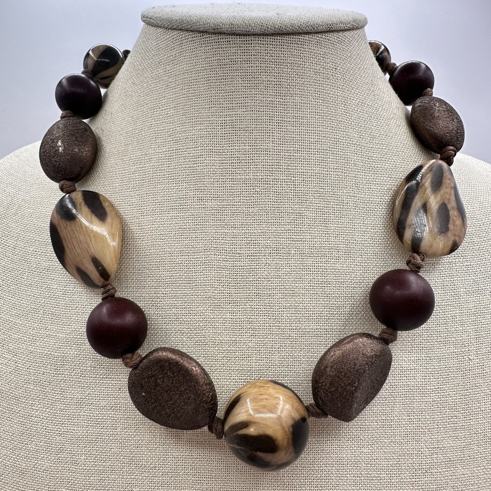 Vintage Brown Chunky Beaded Necklace Leopard Print Boho Statement Piece